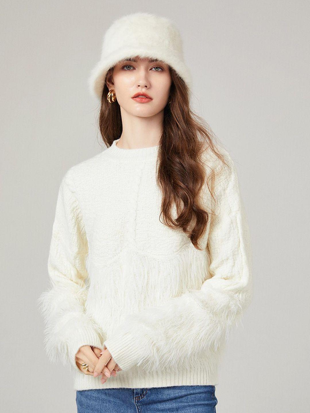 jc collection self design round neck pullover sweater with fuzzy detail