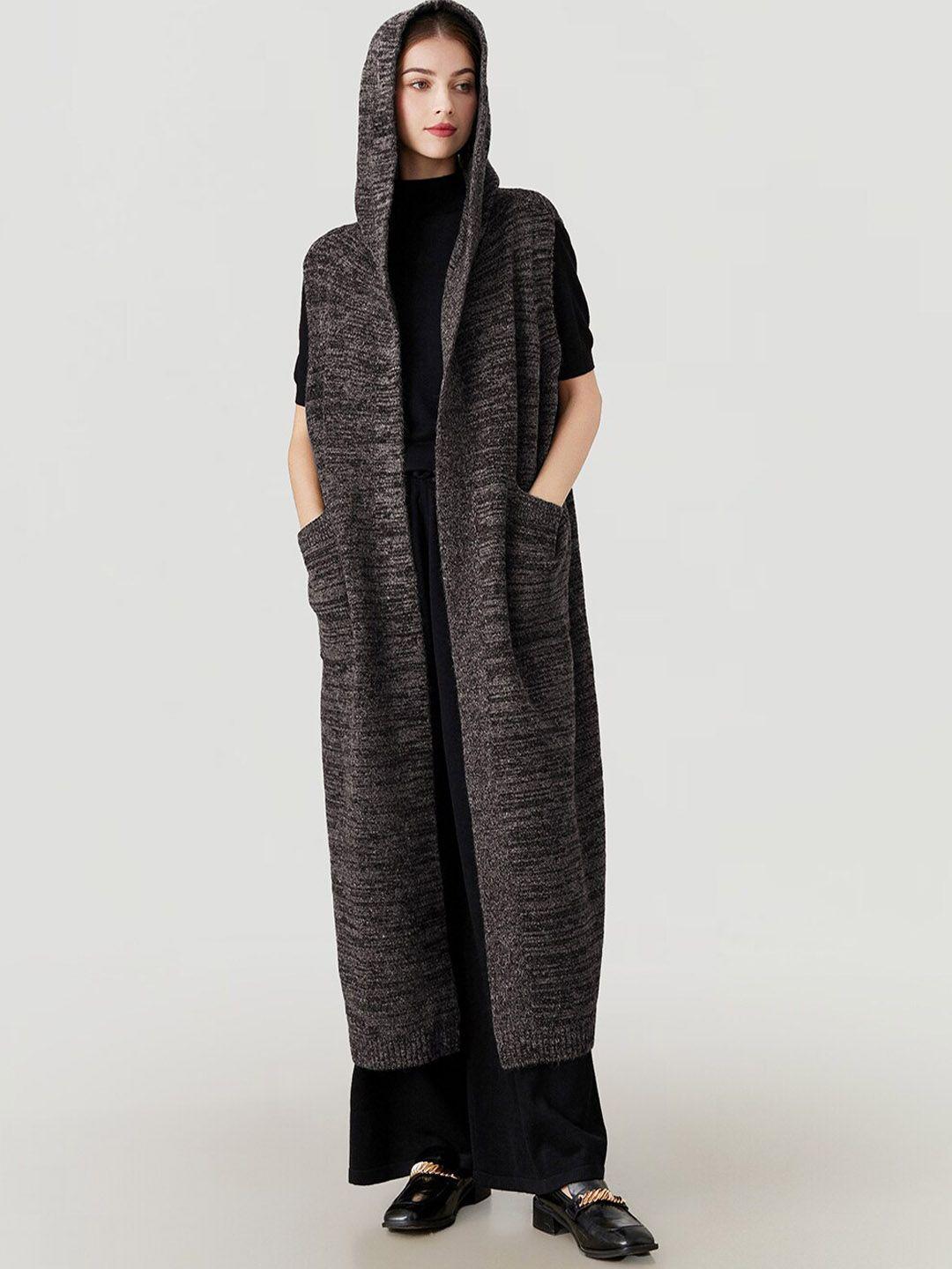 jc collection self design sleeveless hooded front-open longline overcoat