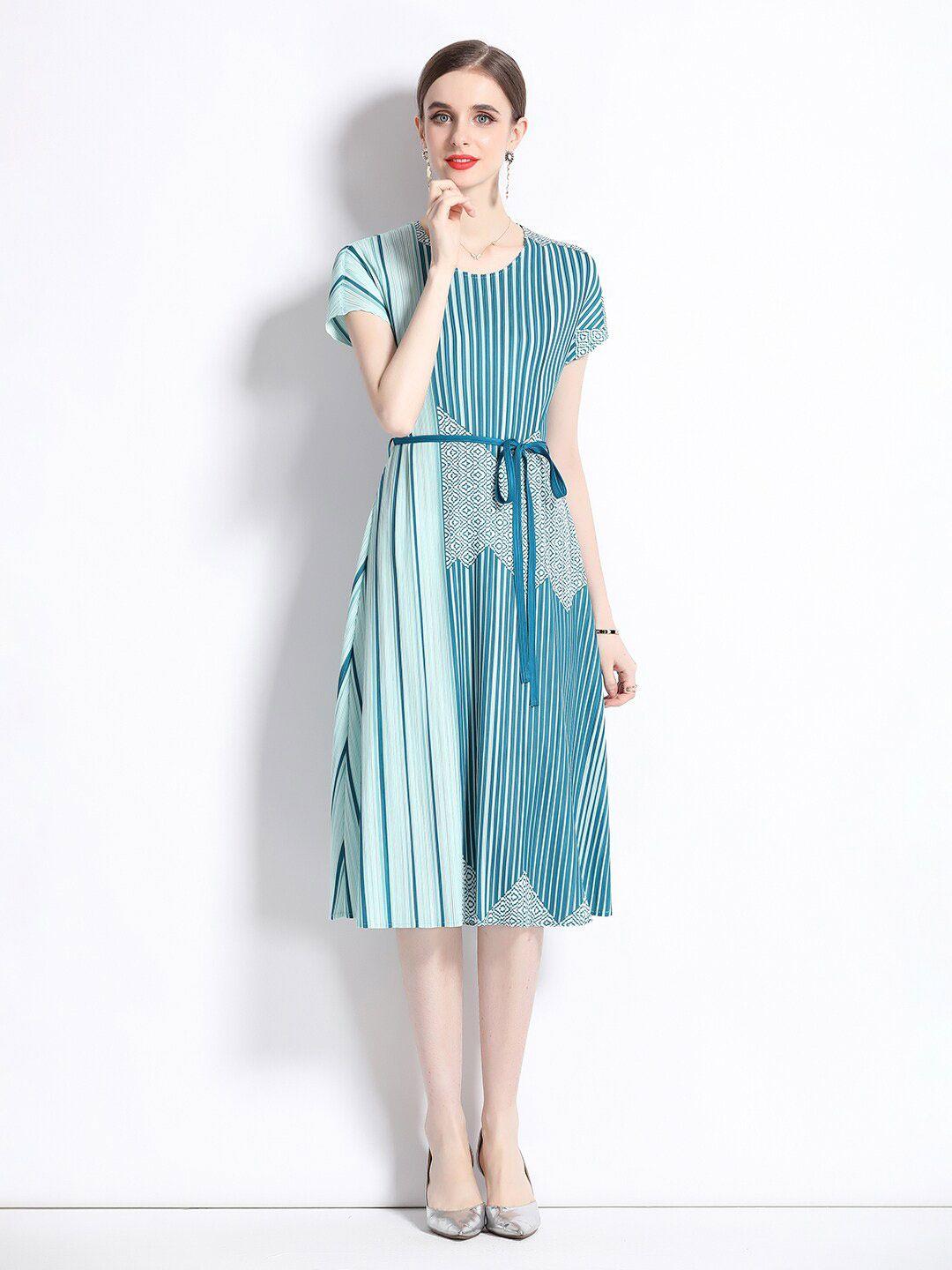 jc collection striped belted extended sleeves a-line midi dress