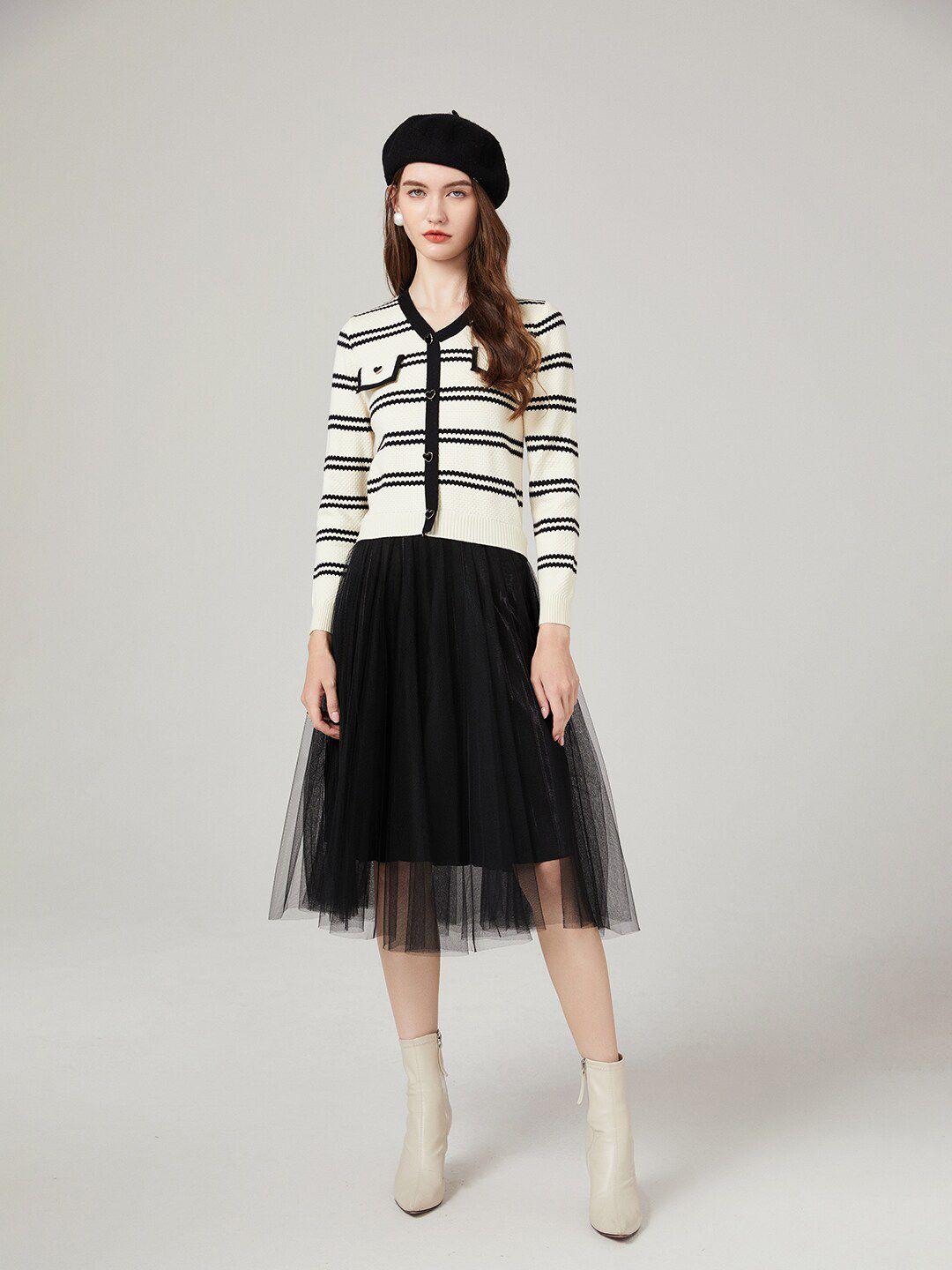 jc collection striped tulle v-neck fit & flare dress