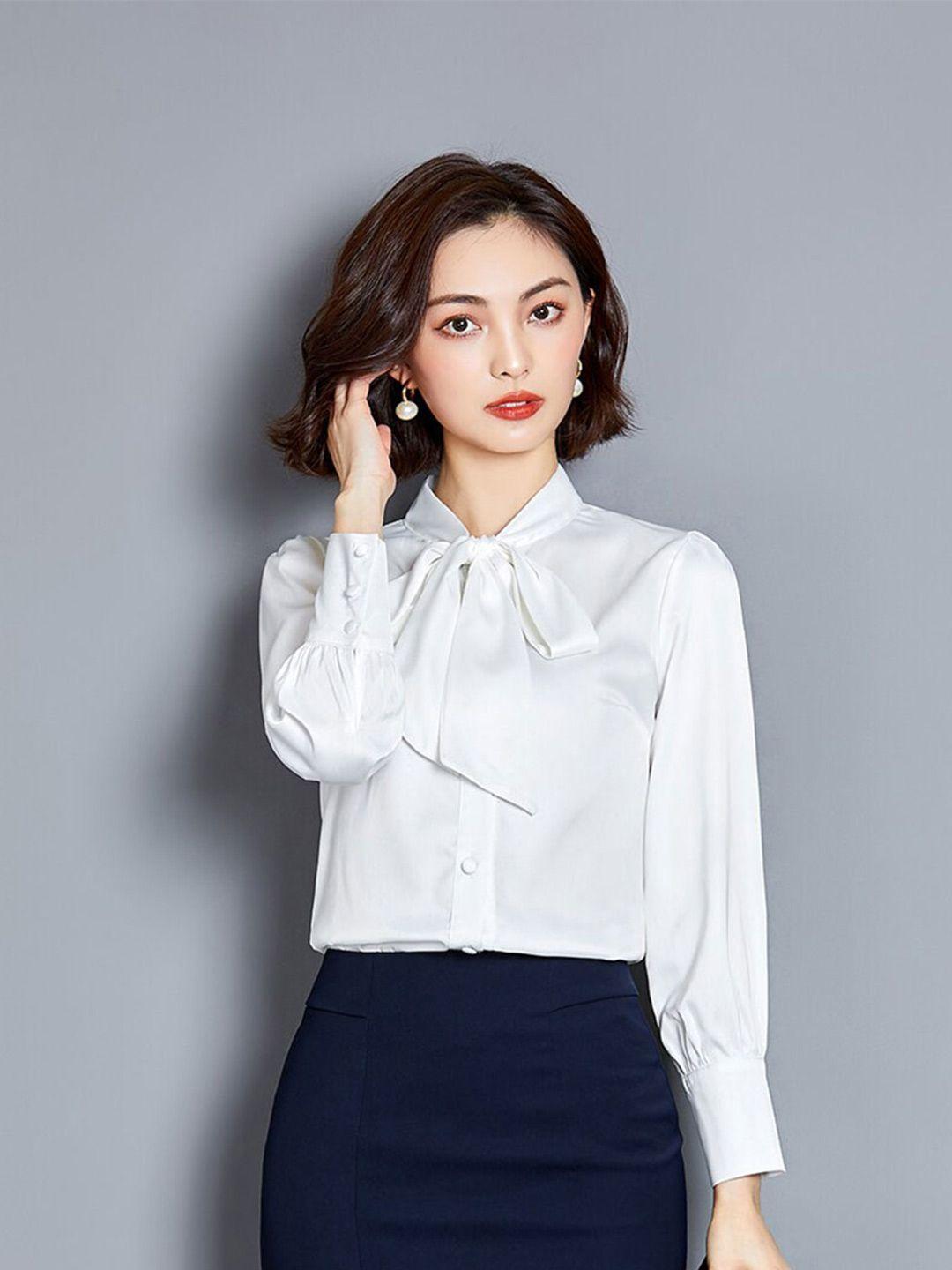 jc collection tie-up neck cuffed sleeves shirt style top