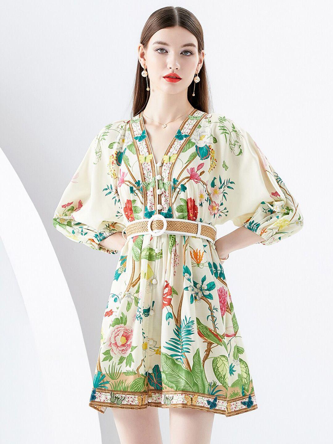 jc collection tropical printed puff sleeves fit & flare mini dress