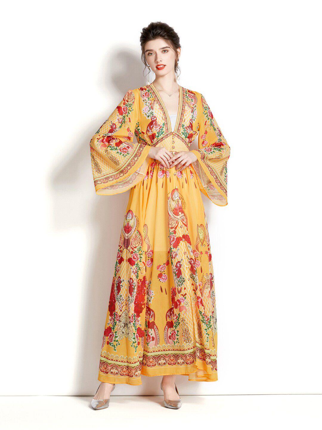 jc collection v-neck flared sleeves floral printed maxi dress