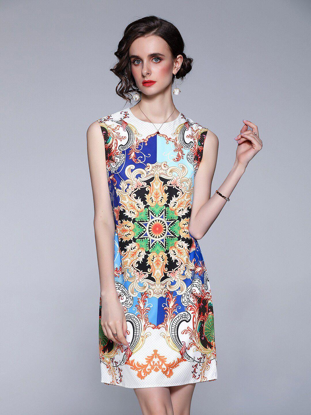 jc collection white & blue ethnic motifs a-line dress