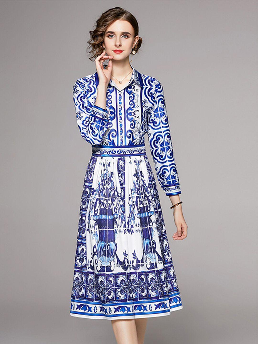 jc collection white & blue ethnic motifs midi polyester dress