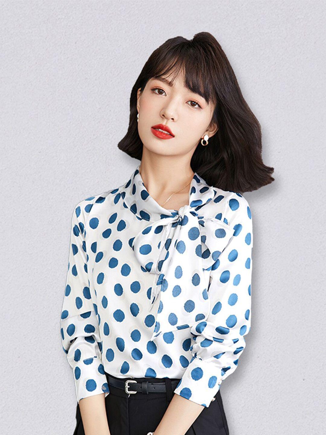 jc collection white & blue polka dots printed polyester tie-up neck top