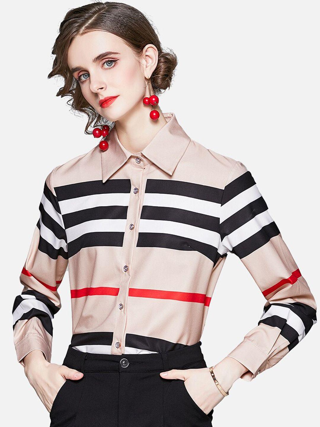 jc collection women beige & black horizontal stripes opaque casual shirt