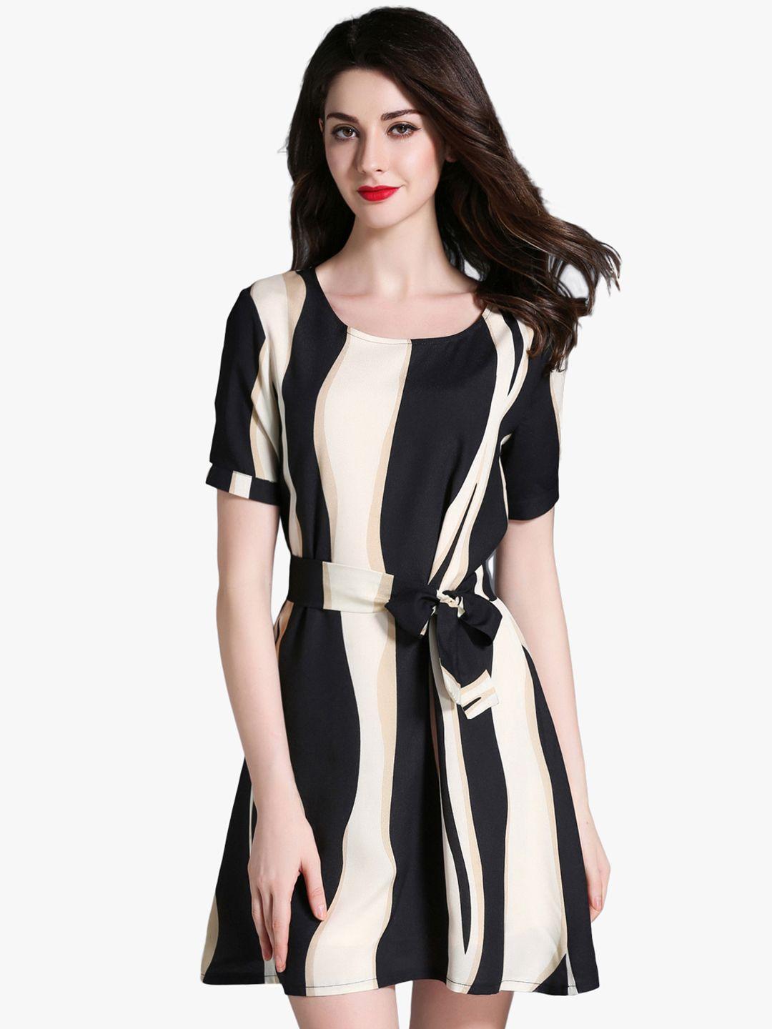 jc collection women black & beige printed a-line dress with satin finish
