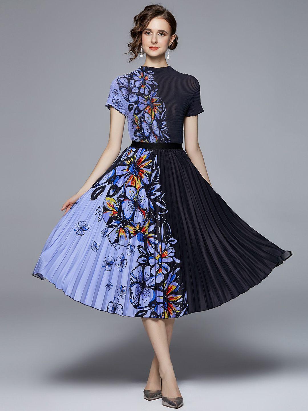 jc collection women black & blue floral printed top and skirt