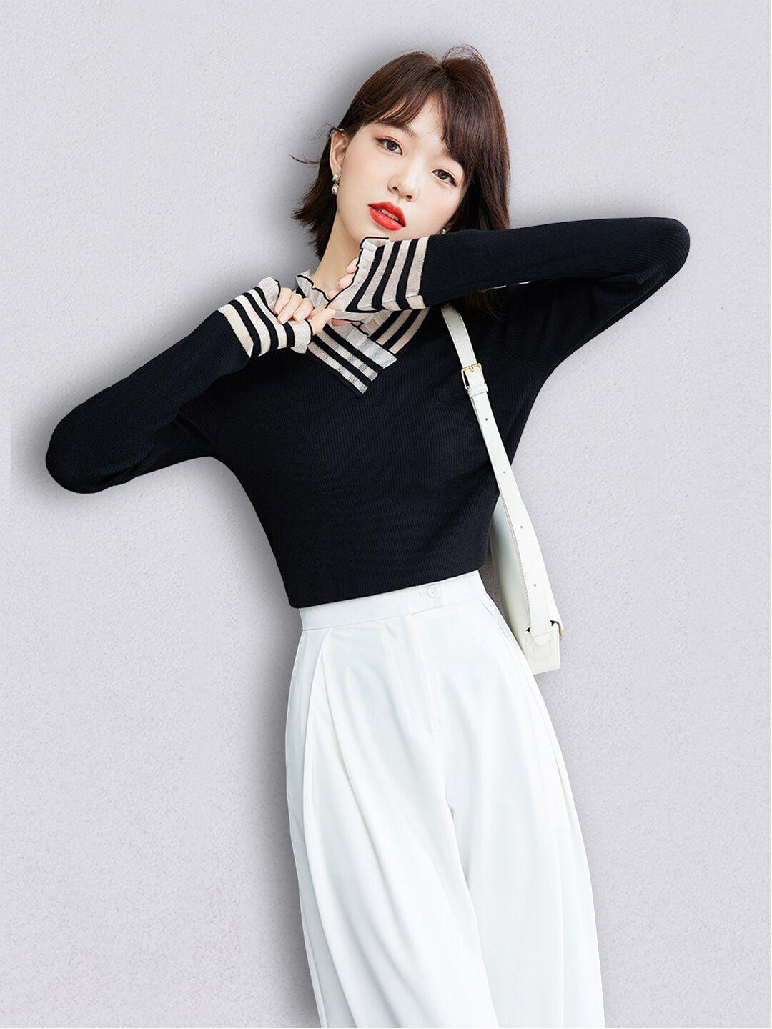 jc collection women black & white solid long sleeves pullover