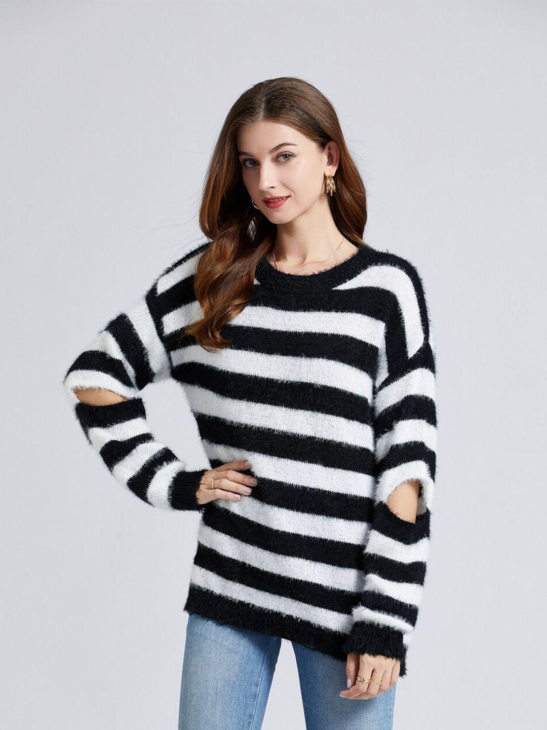 jc collection women black & white striped striped pullover