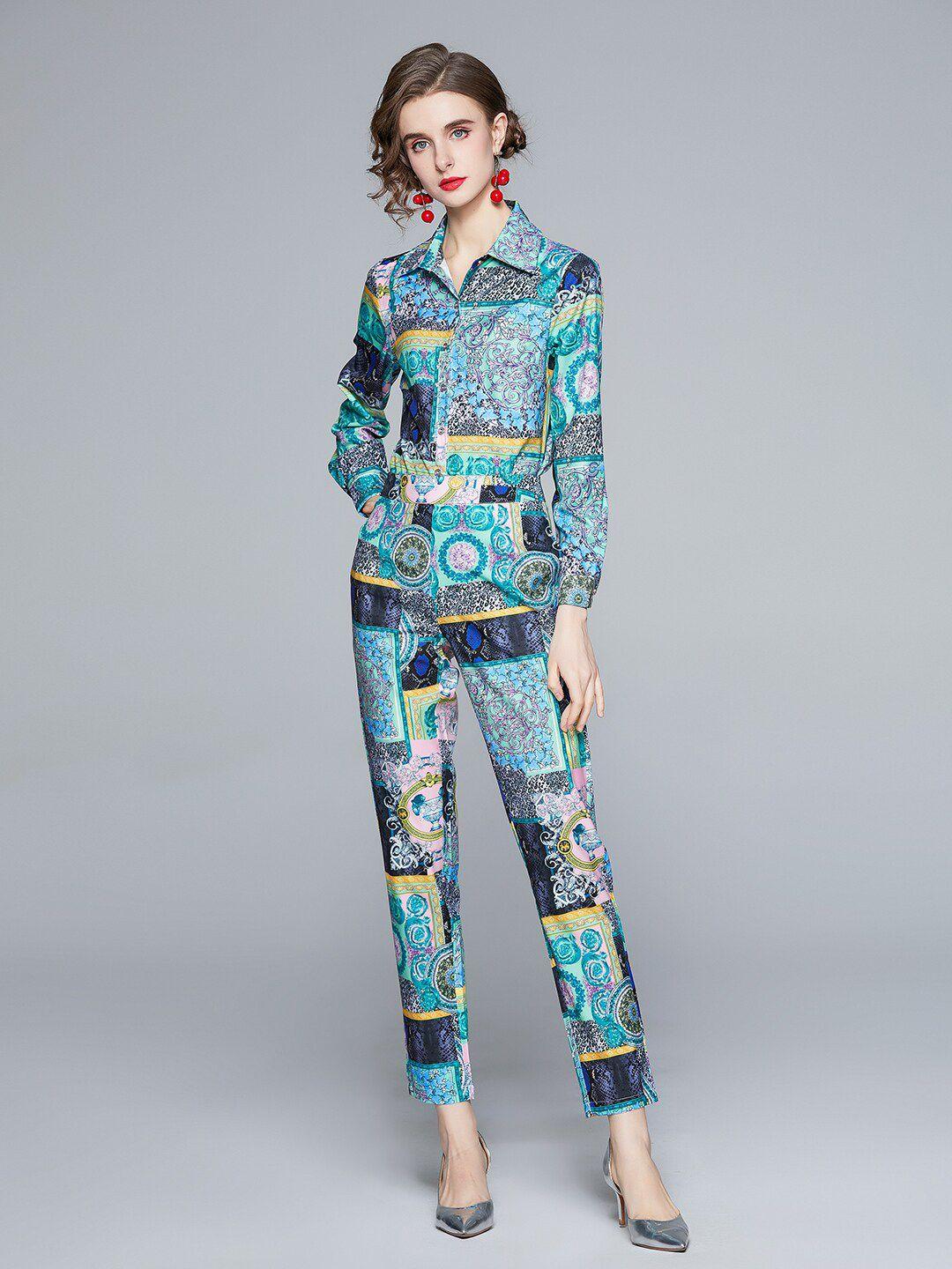 jc collection women blue & green printed shirt with trouser co-ords set