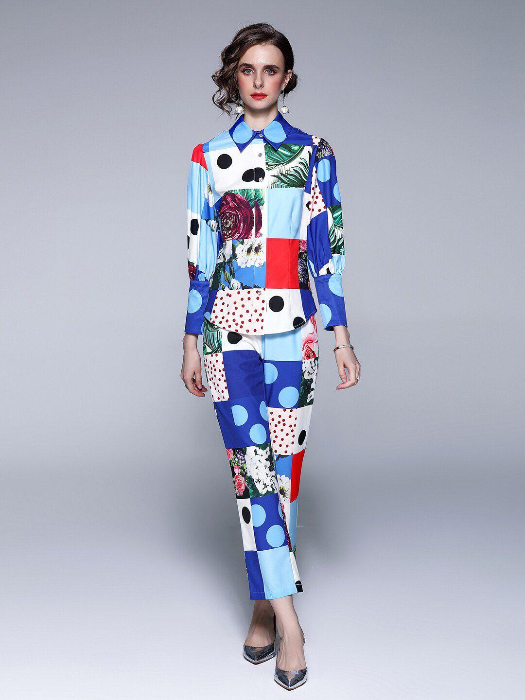 jc collection women blue & red printed shirt with trousers co-ords set