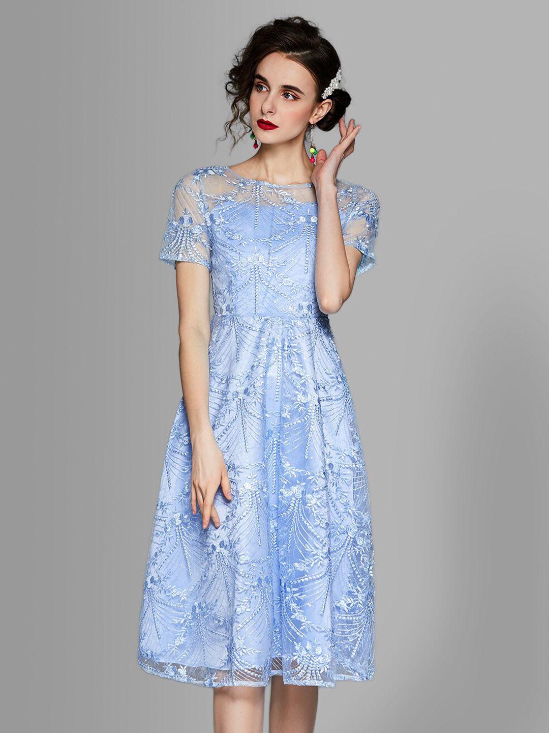 jc collection women blue embroidered midi fit & flare dress
