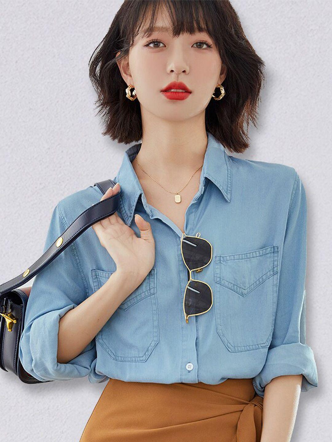 jc collection women blue solid casual denim shirt