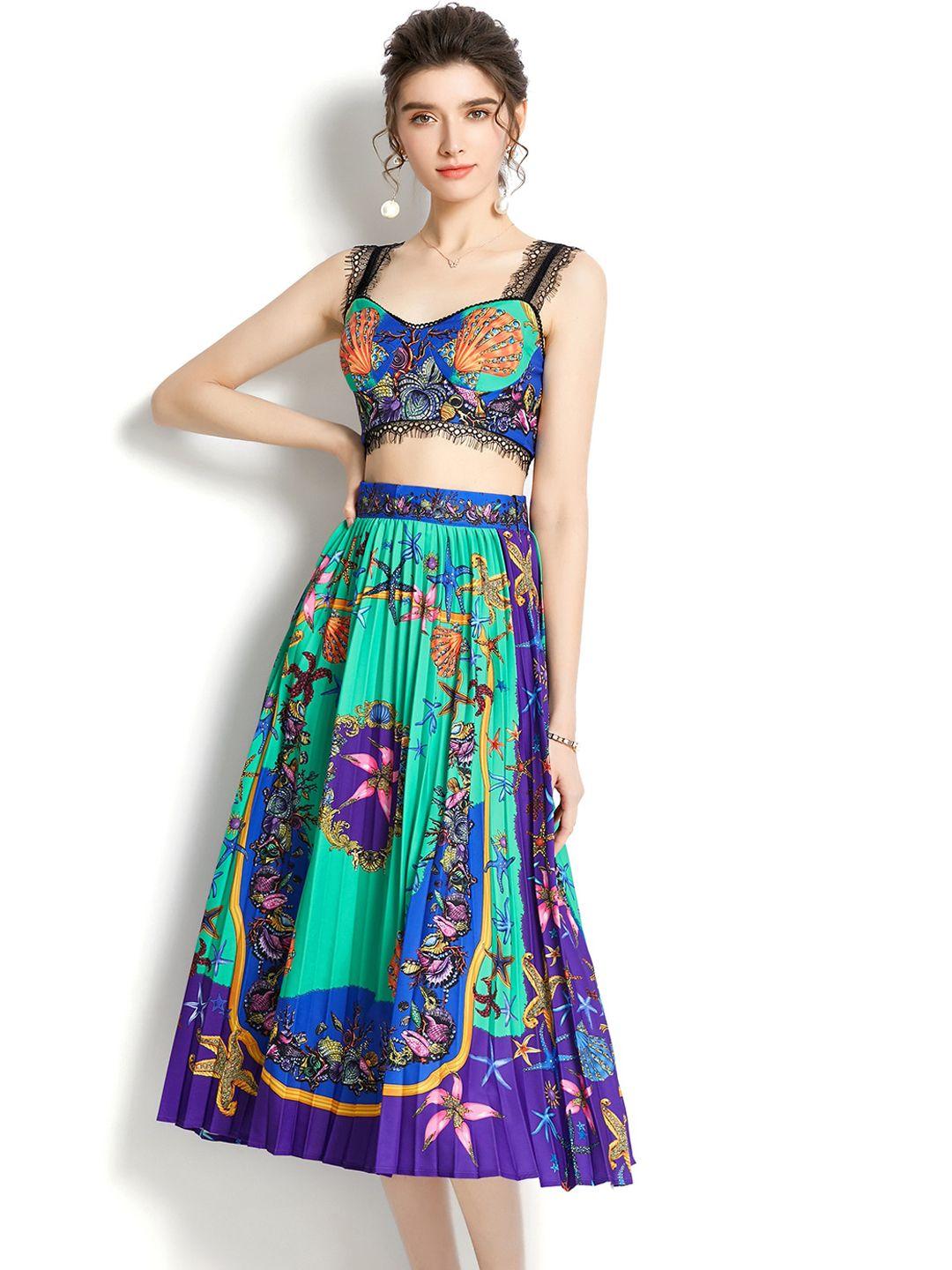 jc collection women green & blue printed top with skirt