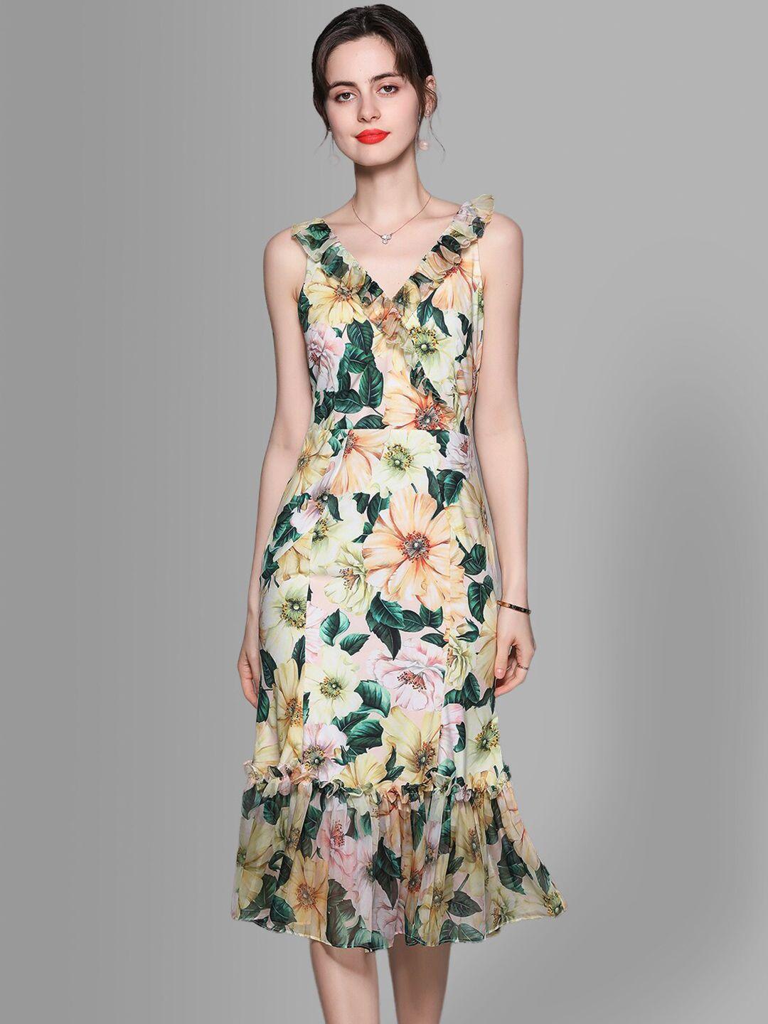 jc collection women green & yellow floral sheath midi dress