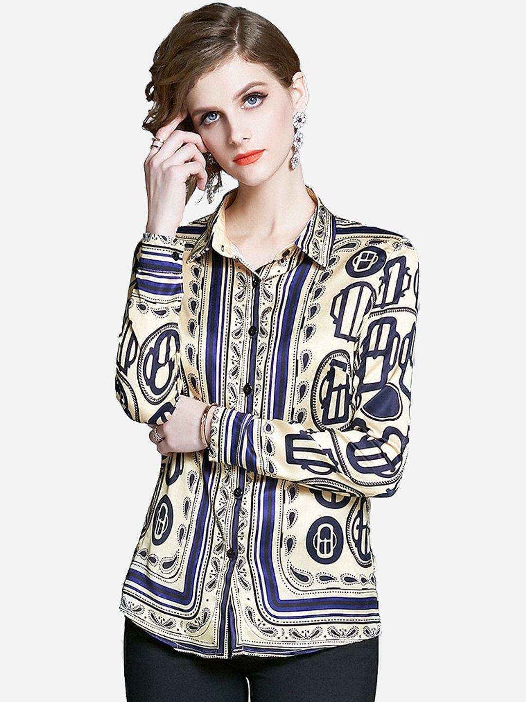 jc collection women navy blue & beige opaque printed casual shirt