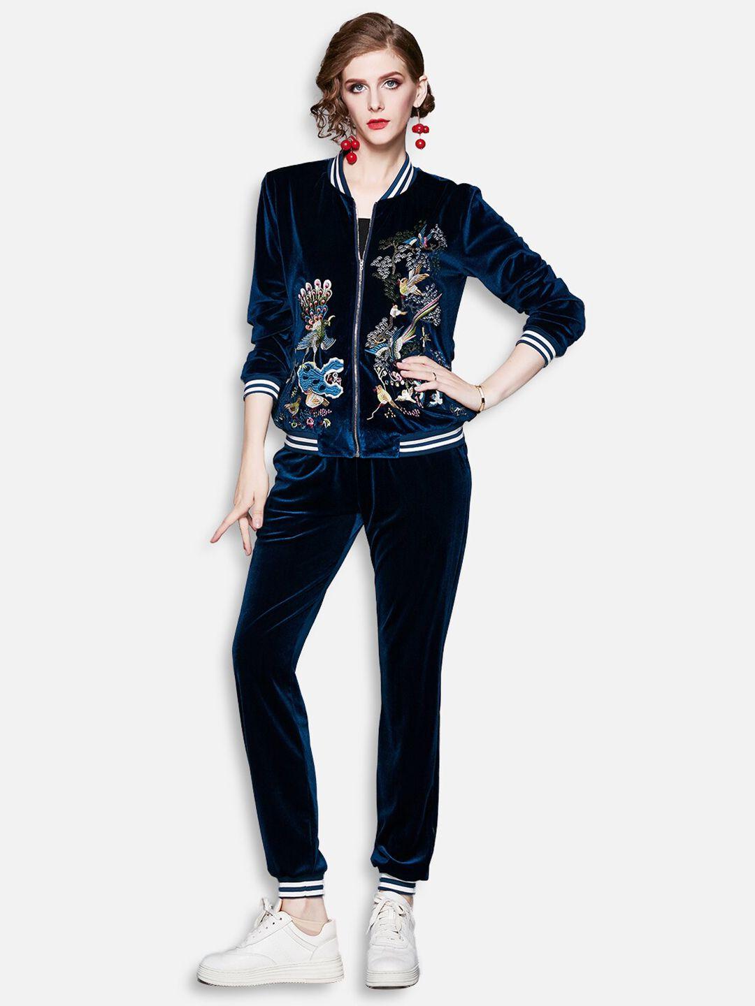 jc collection women navy blue printed coat with joggers