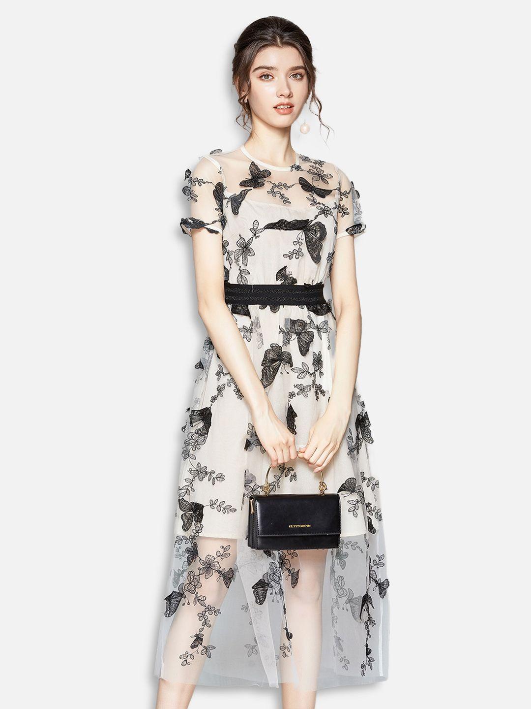 jc collection women off-white & black floral midi net fit & flare dress