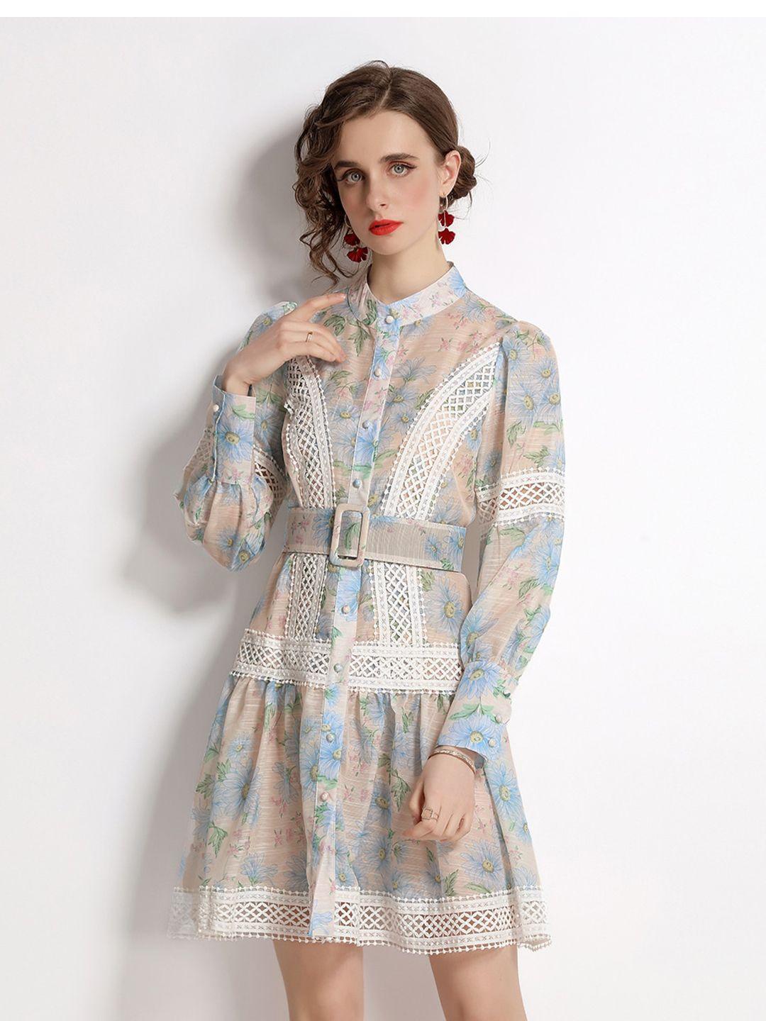 jc collection women peach-coloured & blue floral printed shirt dress