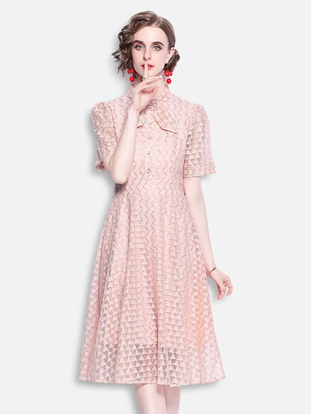 jc collection women peach-coloured geometric print tie-up neck midi fit & flare dress