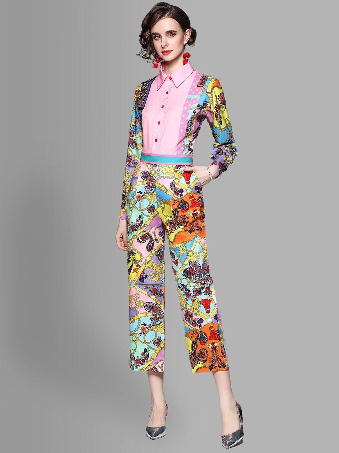 jc collection women pink & green printed shirt with trousers