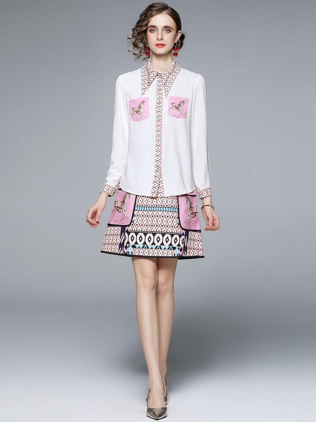 jc collection women pink & white printed shirt & skirt co-ords