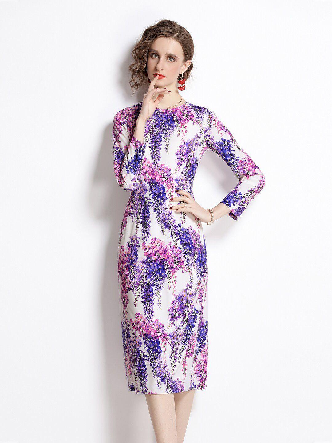 jc collection women purple & blue floral printed bodycon midi dress