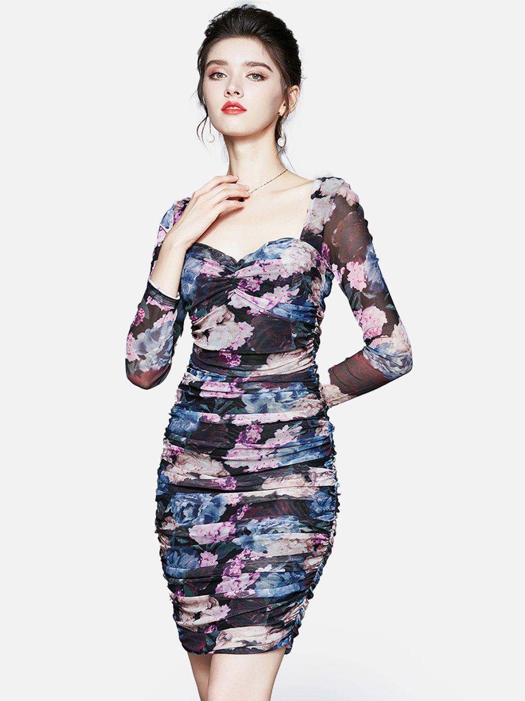 jc collection women purple & pink floral printed ruched bodycon dress
