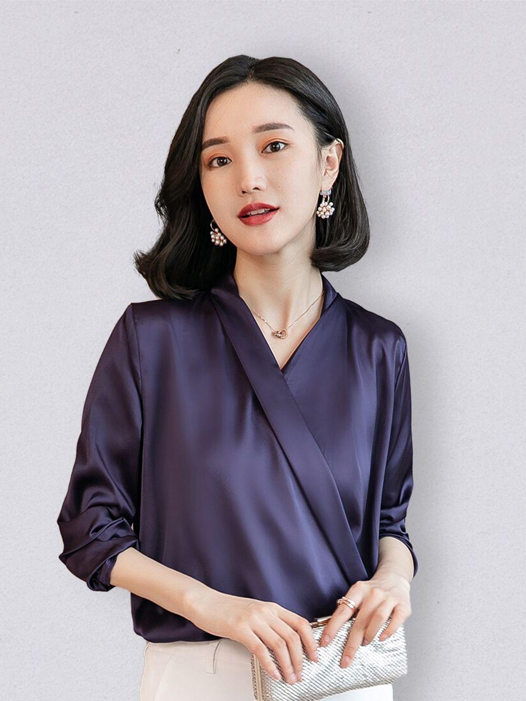 jc collection women purple solid polyester wrap top