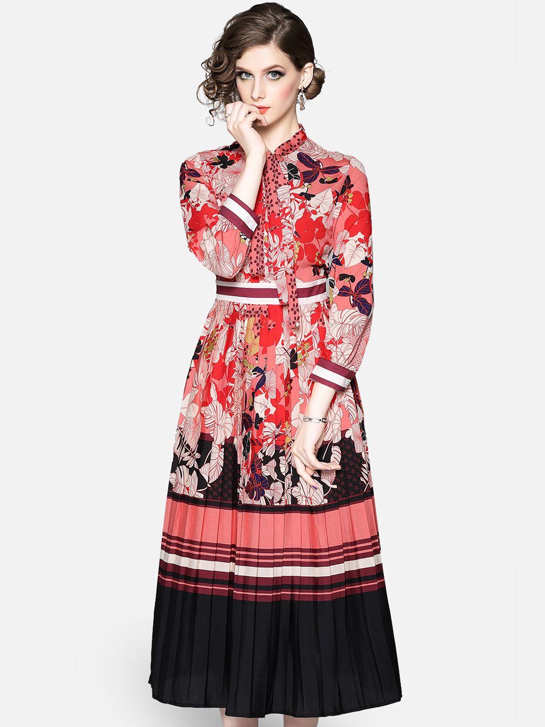 jc collection women red & black floral printed tie-up neck maxi dress