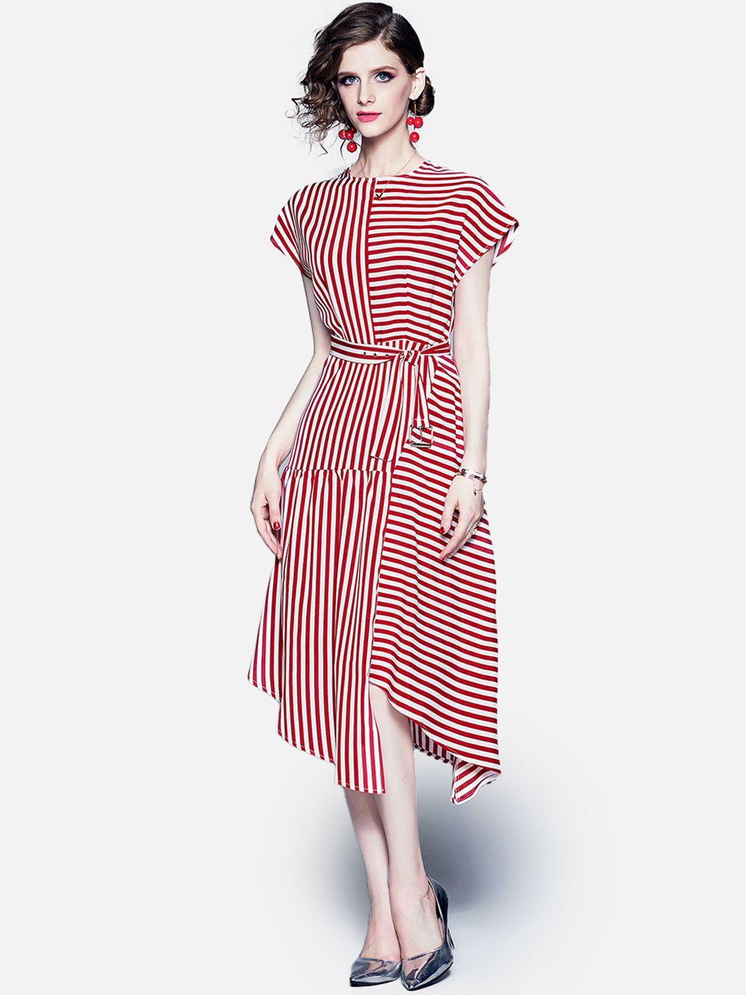 jc collection women red & white striped belted a-line dress