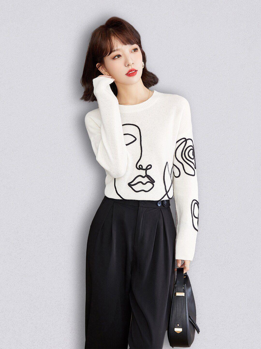 jc collection women white & black printed pullover sweater
