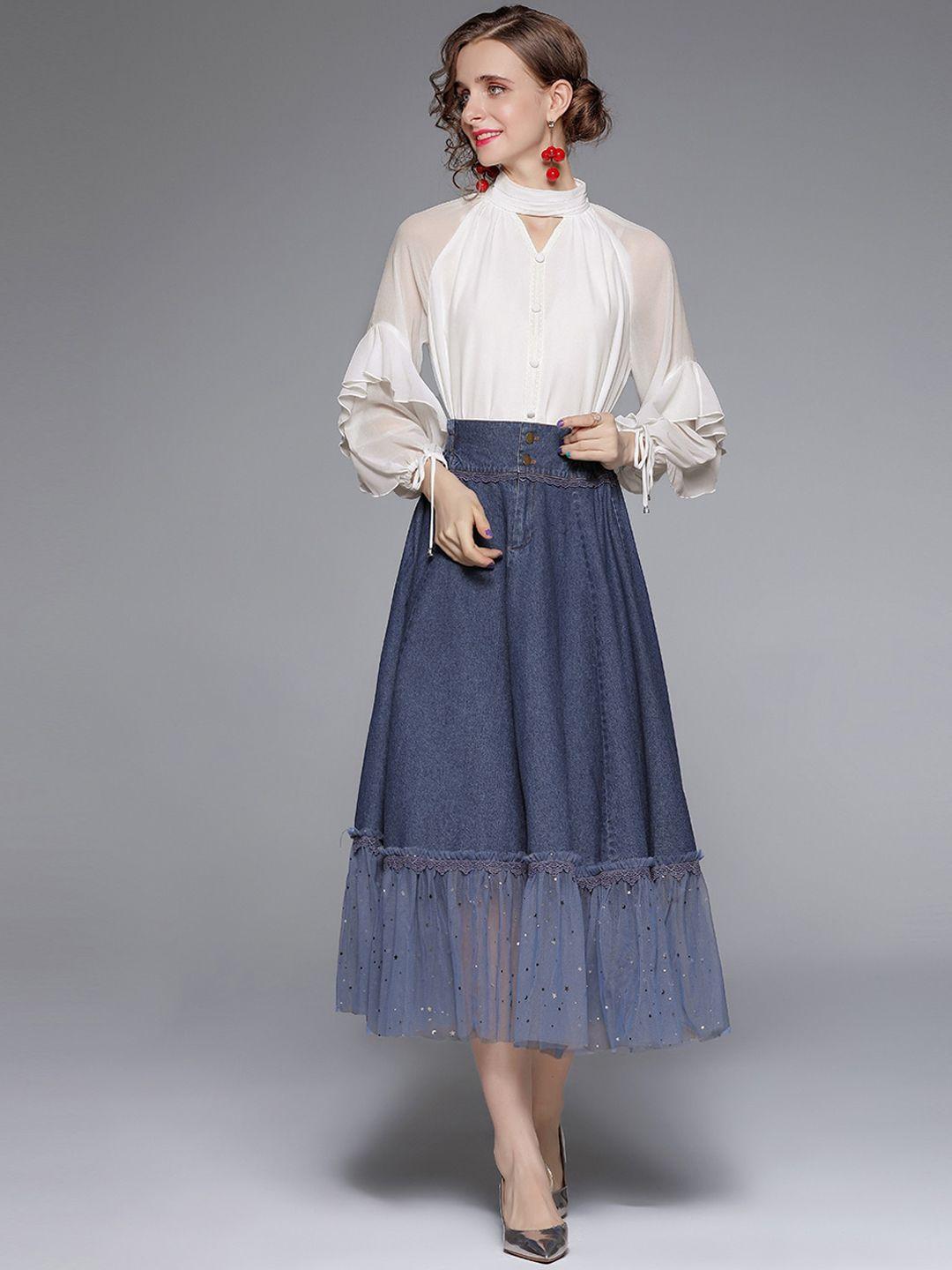 jc collection women white & blue solid top & skirt co-ords