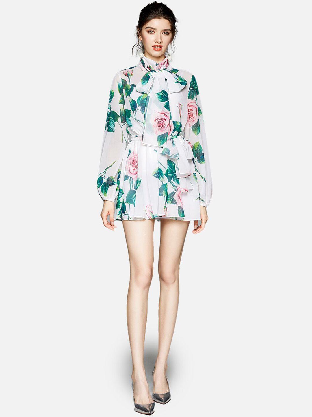 jc collection women white & green floral tie-up neck mini dress