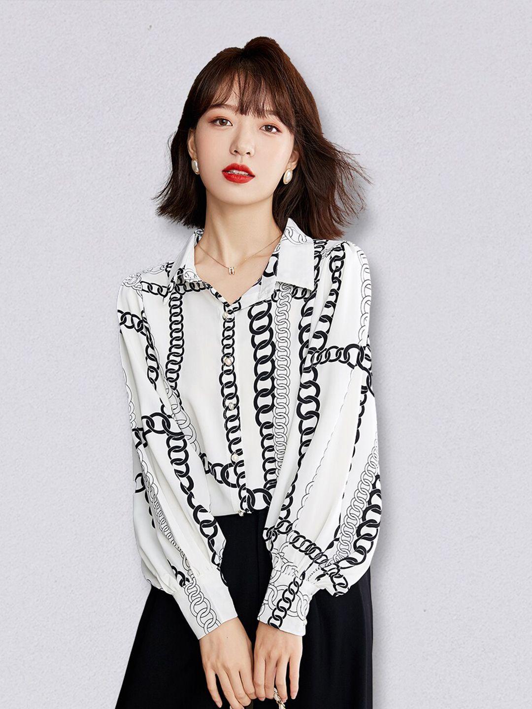 jc collection women white and black geometric printed polyester casual shirt