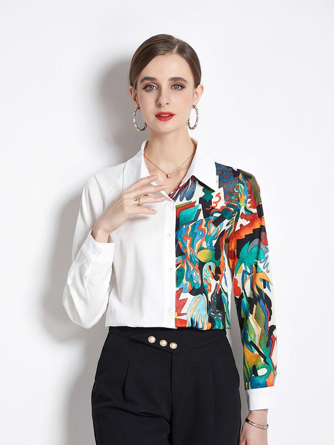 jc collection women white and blue abstract printed polyester casual shirt