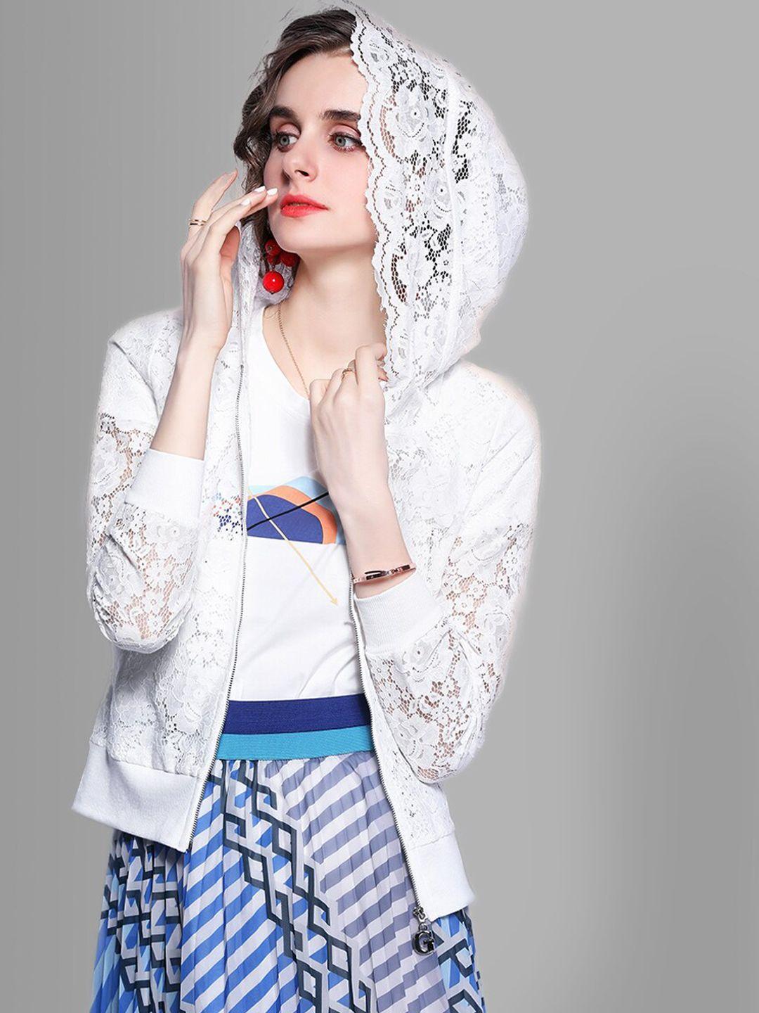 jc collection women white self-design hooded overcoat