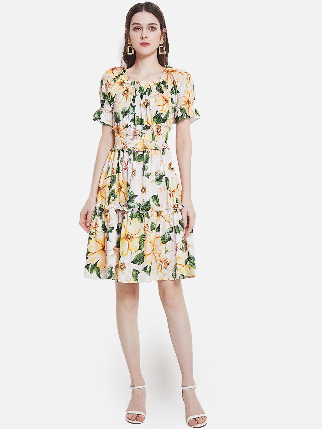 jc collection women yellow & green floral off-shoulder dress