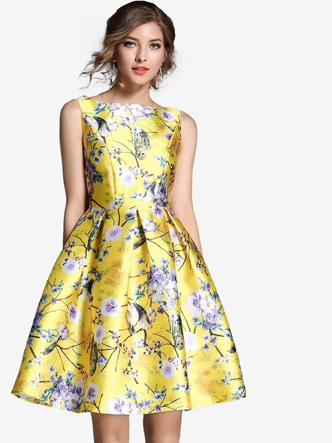 jc collection women yellow & purple floral printed fit & flare dress