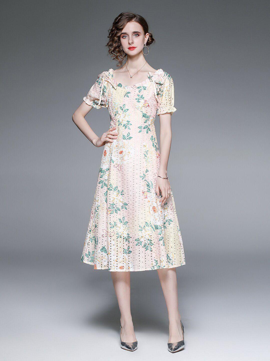 jc collection yellow & peach-coloured floral off-shoulder a-line midi dress