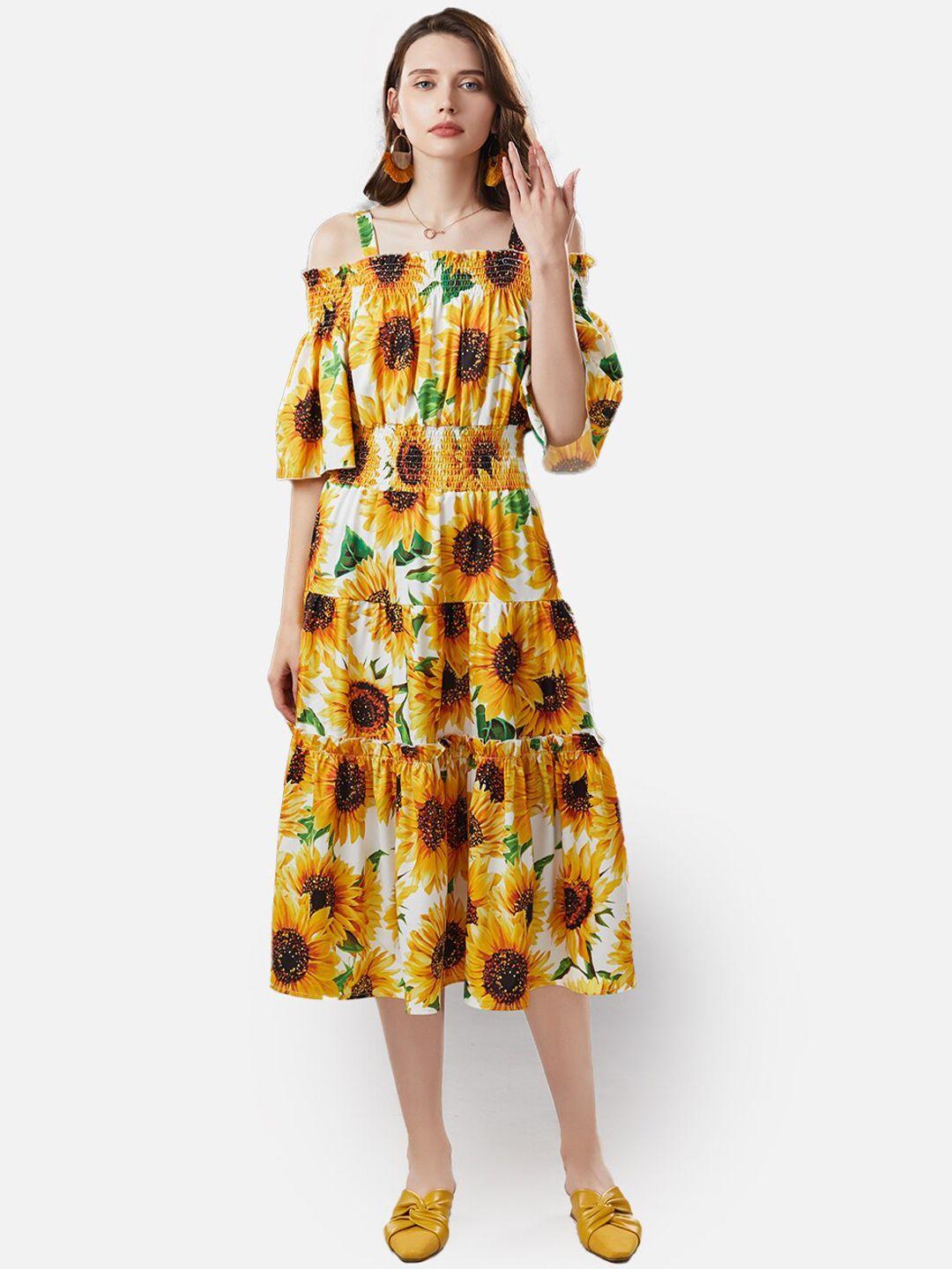 jc collection yellow floral off-shoulder midi dress