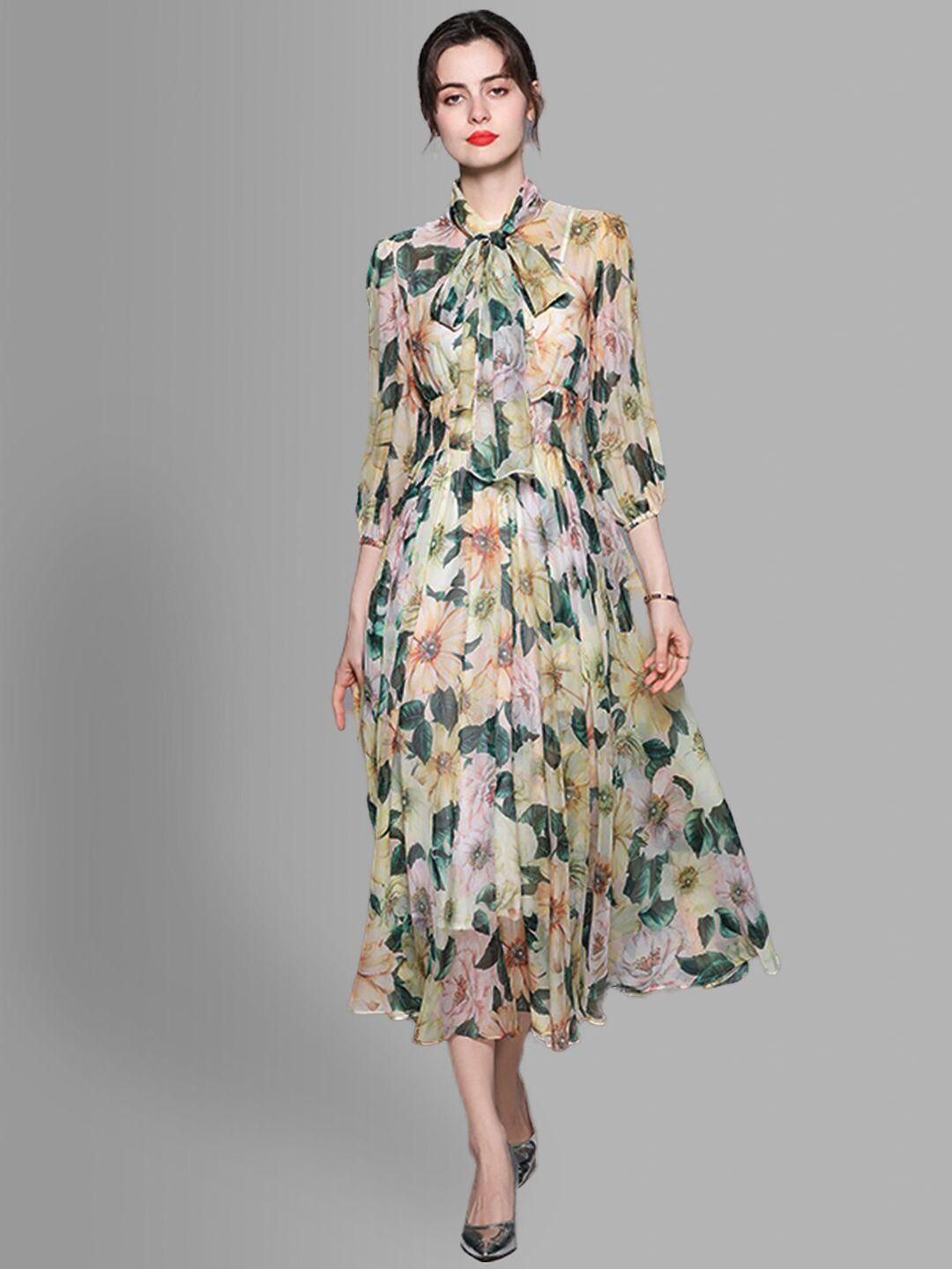 jc collection yellow floral tie-up neck midi dress