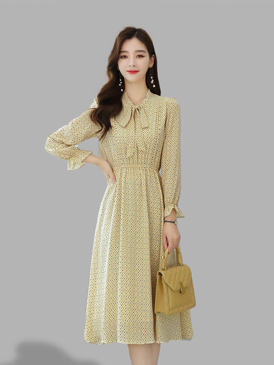 jc collection yellow printed tie-up neck bell sleeves midi dress