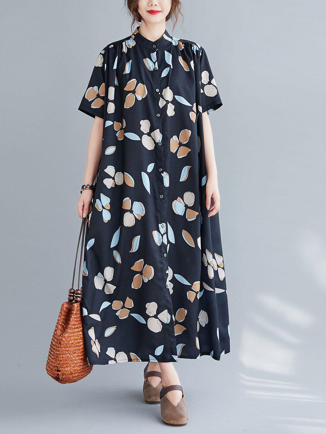 jc mode black floral printed mandarin collar maxi a-line dress