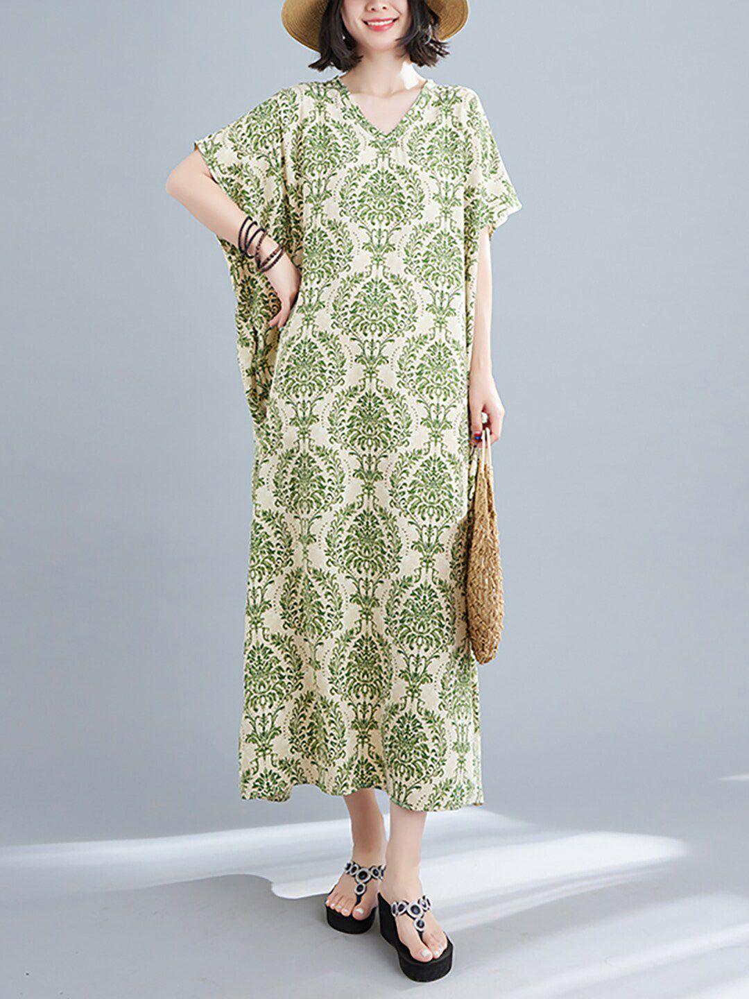 jc mode ethnic motifs printed v-neck kimono sleeves a-line midi dress