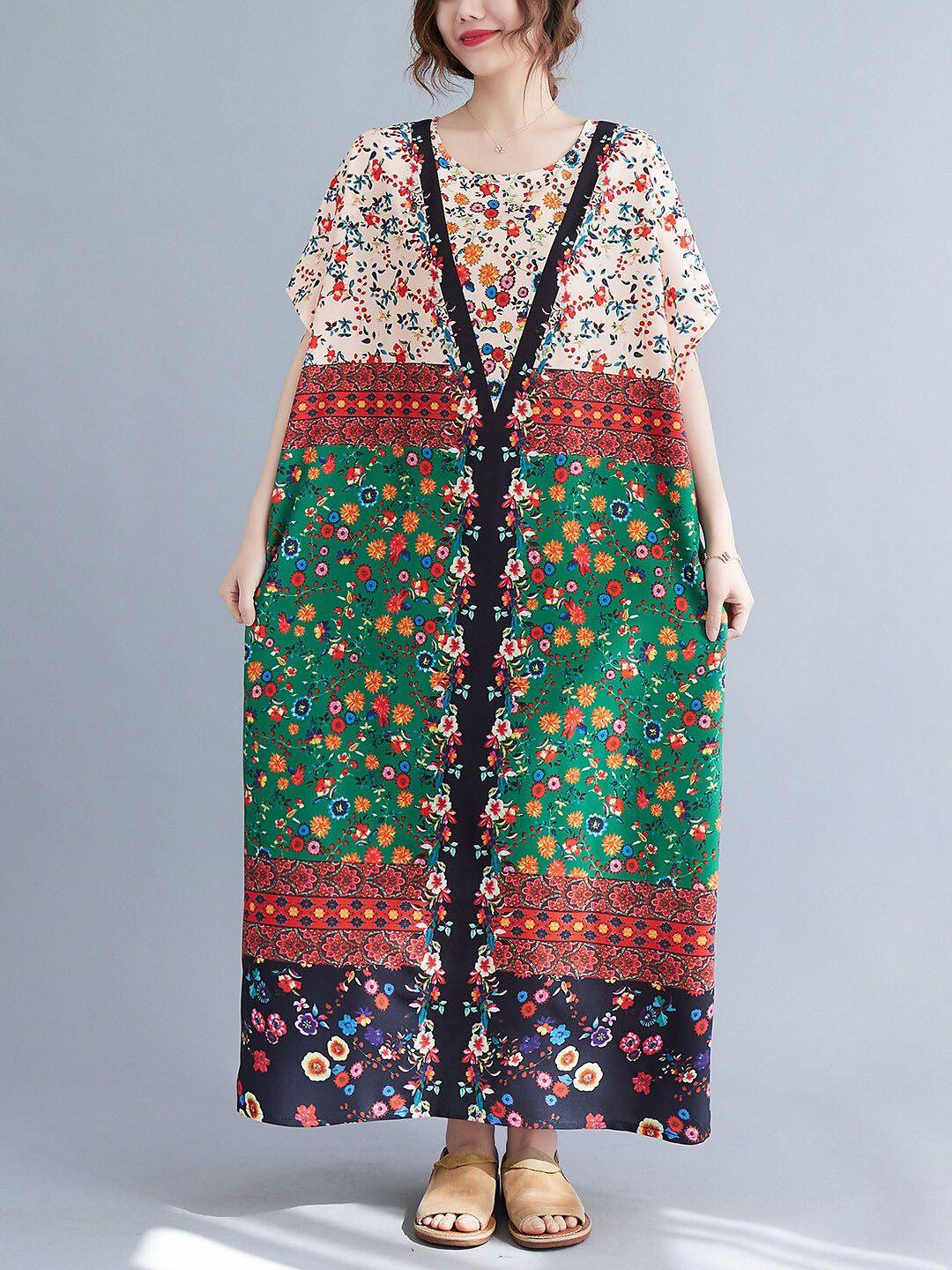 jc mode floral printed extended sleeves a-line maxi dress