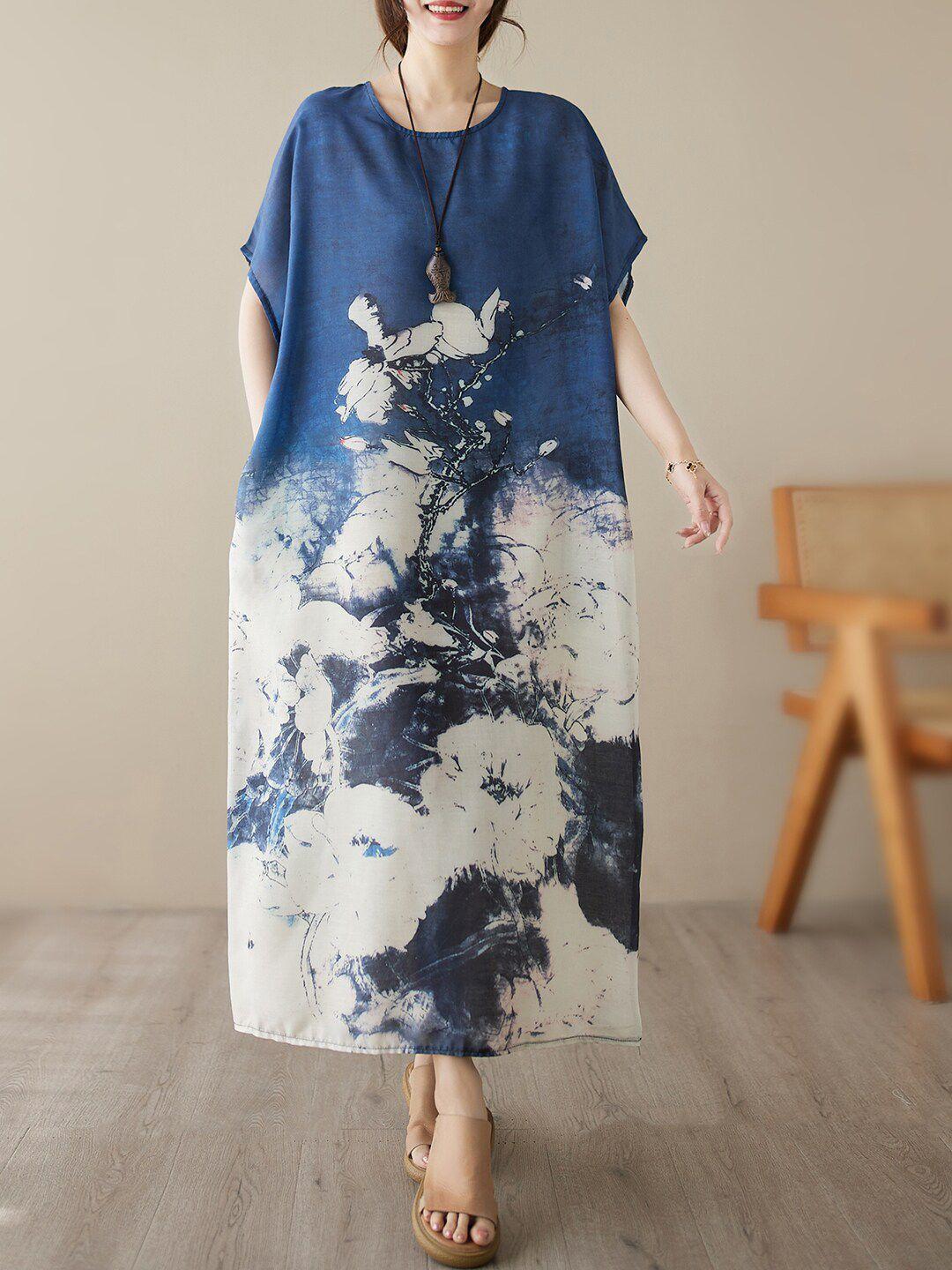 jc mode floral printed extended sleeves a-line maxi dress