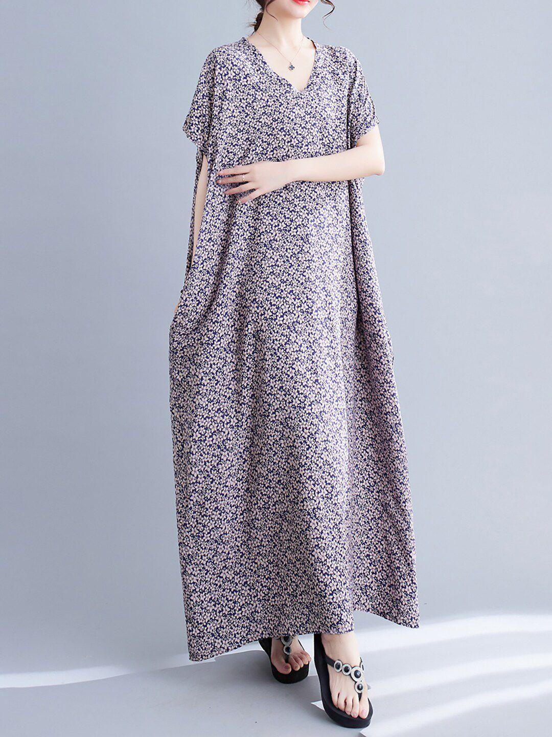 jc mode floral printed v-neck extended sleeves a-line maxi dress